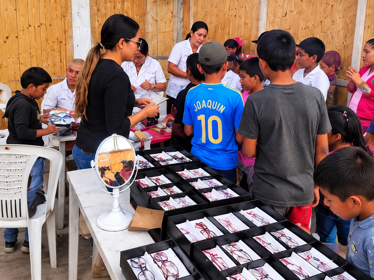 Campaña comunitaria con participantes y lentes preparados
